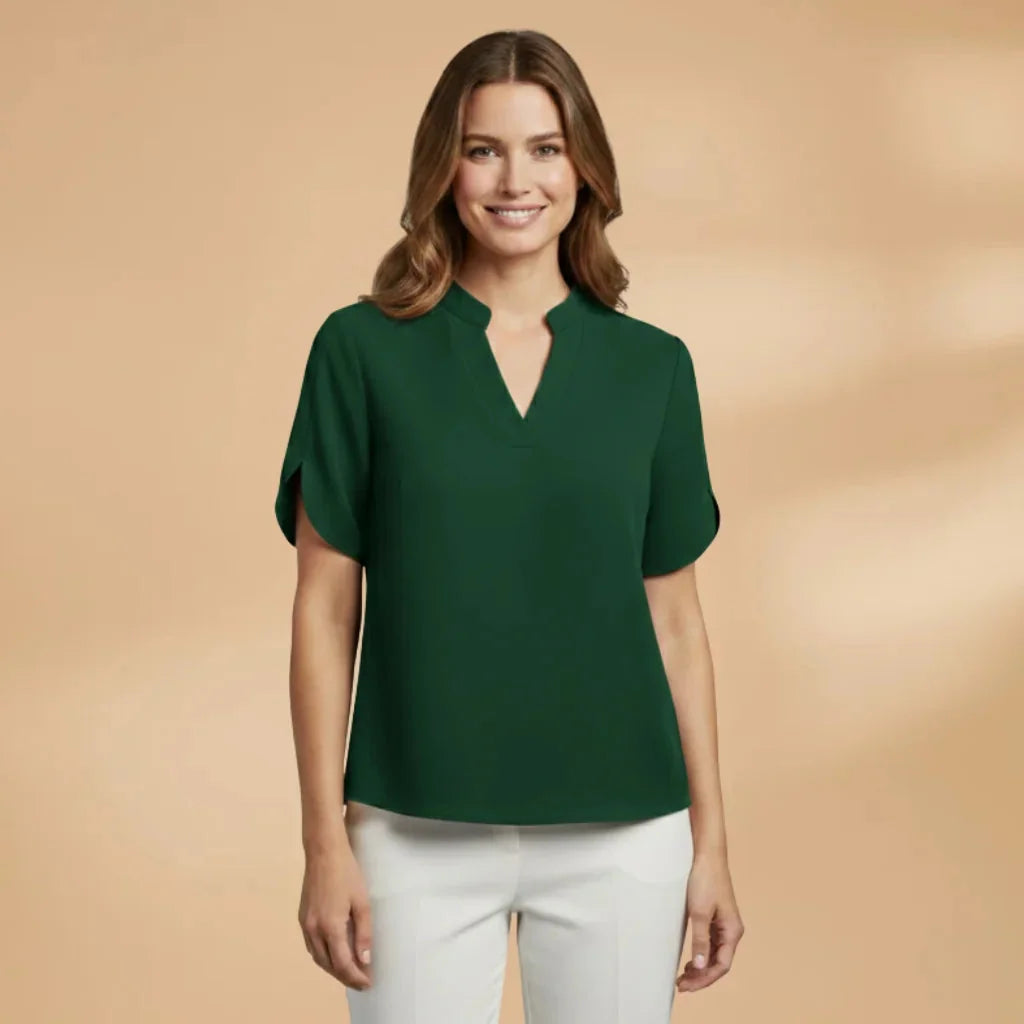 Green Women's Lightweight V-Neck Short Sleeve Blouse — Severine Breathable Elegant Collared - Front Professional