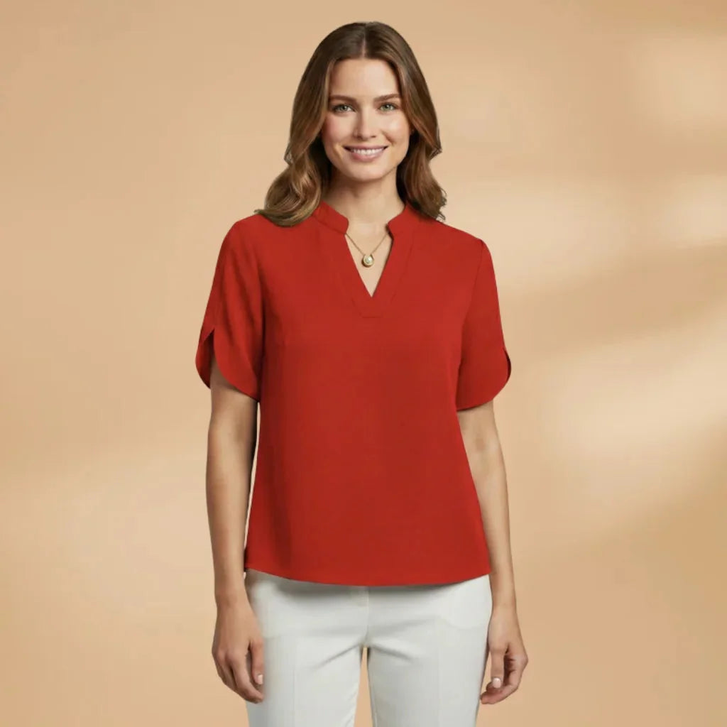 Red Women's Lightweight V-Neck Short Sleeve Blouse — Severine Breathable Elegant Collared - Front Model
