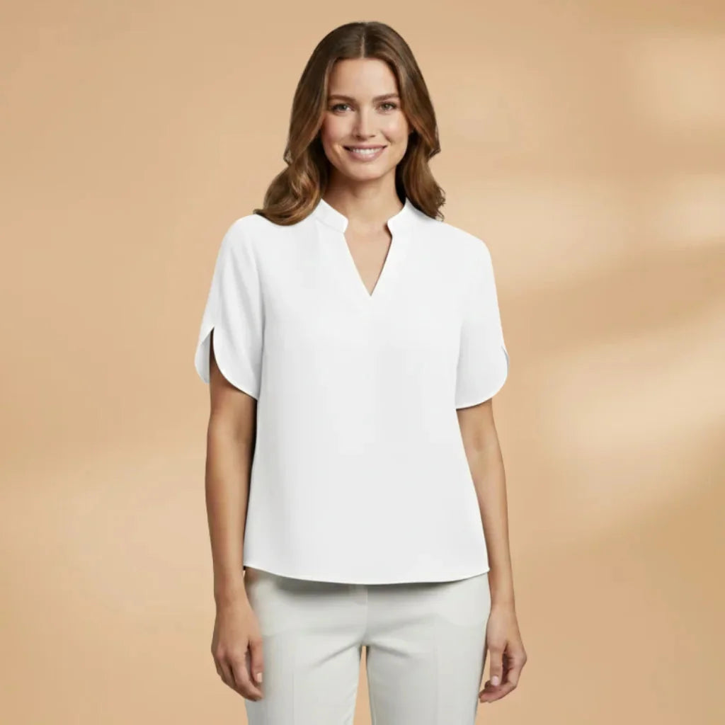 White Women's Lightweight V-Neck Short Sleeve Blouse — Severine Breathable Elegant Collared - Front Studio