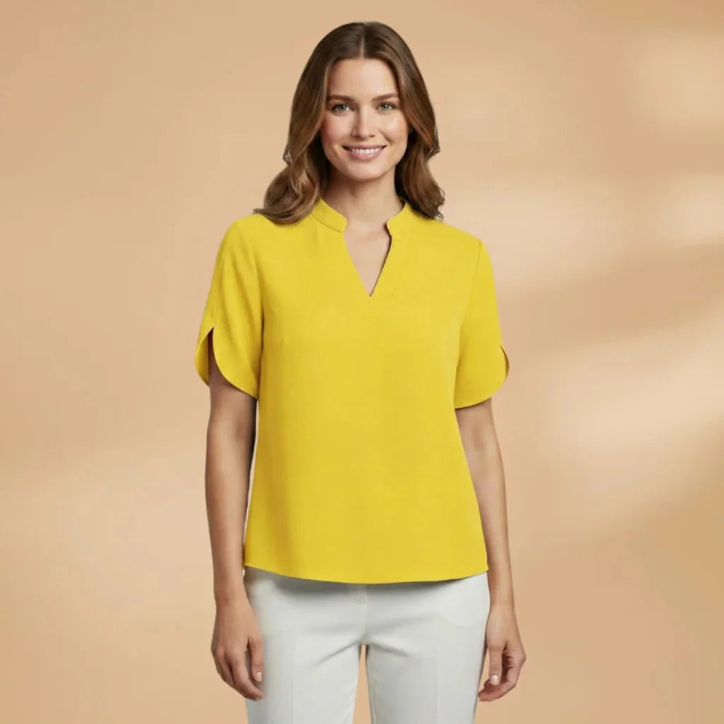 Yellow Women's Lightweight V-Neck Short Sleeve Blouse — Severine Breathable Elegant Collared - Front Bright