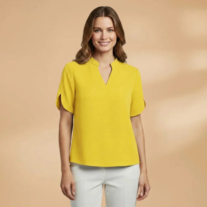 Yellow Women's Lightweight V-Neck Short Sleeve Blouse — Severine Breathable Elegant Collared - Front Bright
