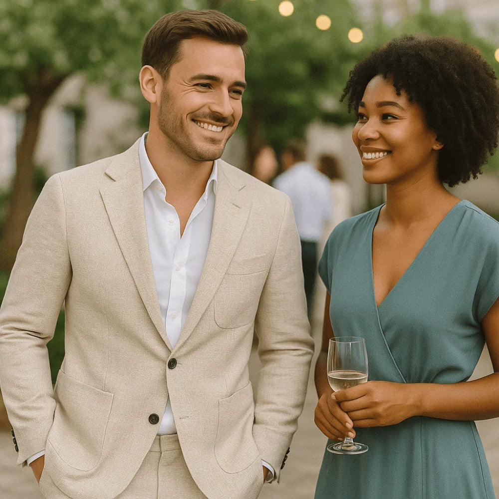 Beige Elegant Men's Two Piece Set Linen Suit - Couple Lifestyle