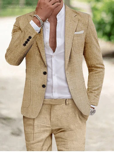 Beige Elegant Men's Two Piece Set Linen Suit - Hand Detail