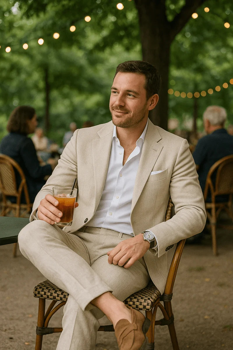 Beige Elegant Men's Two Piece Set Linen Suit - Seated Outdoor