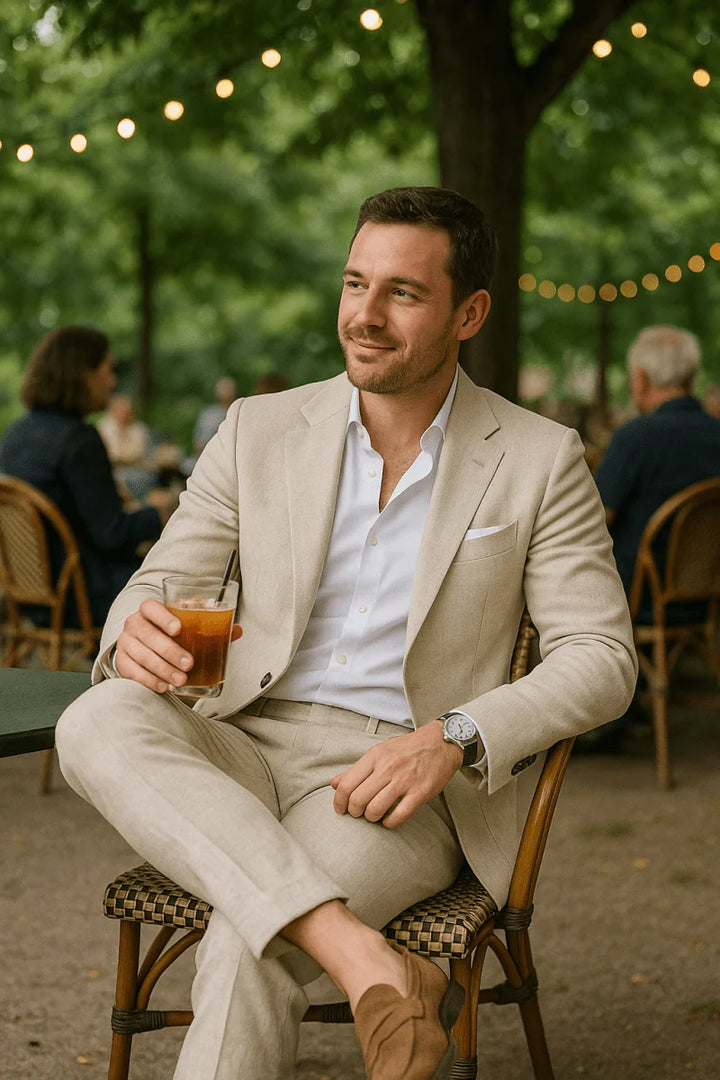 Beige Elegant Men's Two Piece Set Linen Suit - Seated Outdoor