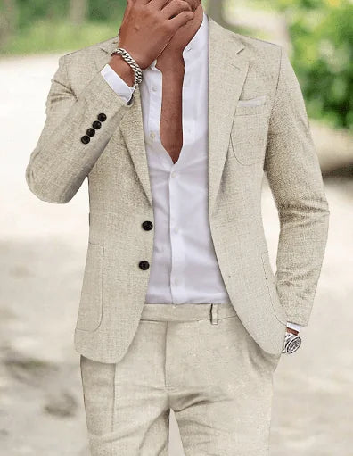 Beige Elegant Men's Two Piece Set Linen Suit - Standing Pose