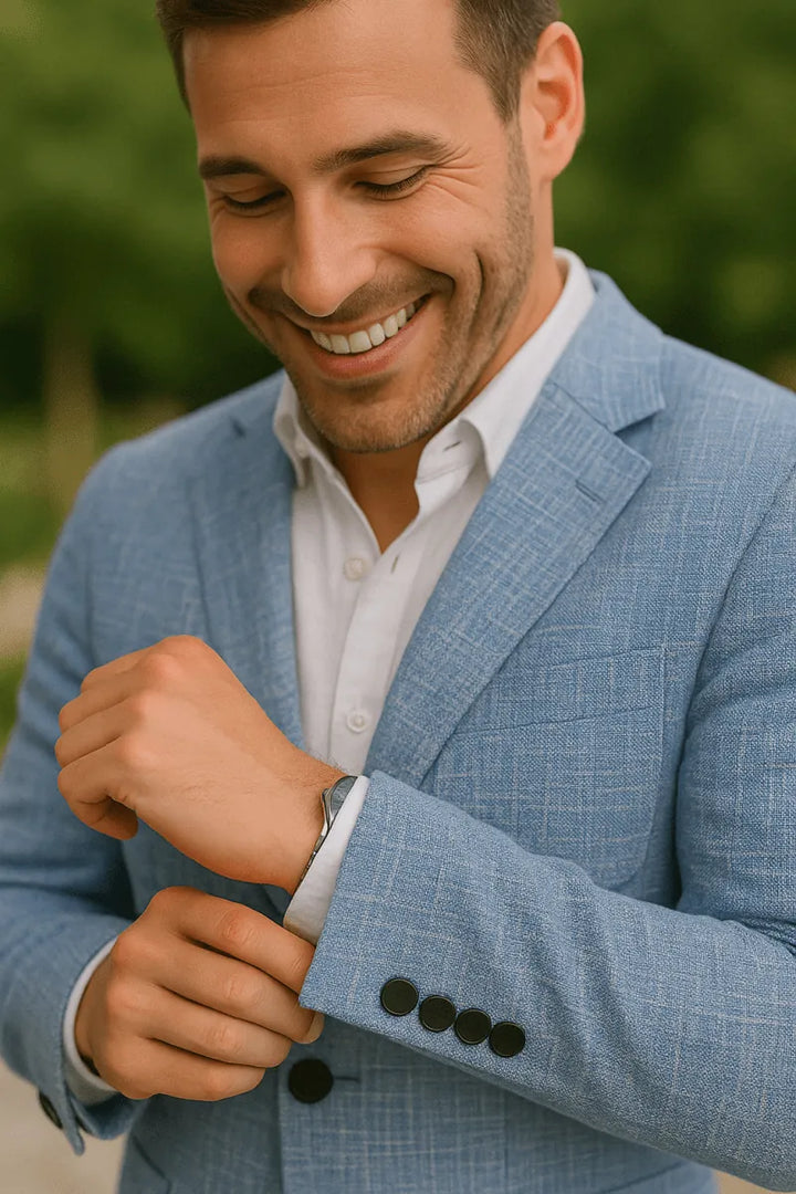 Light Blue Elegant Men's Two Piece Set Linen Suit - Close Up Detail