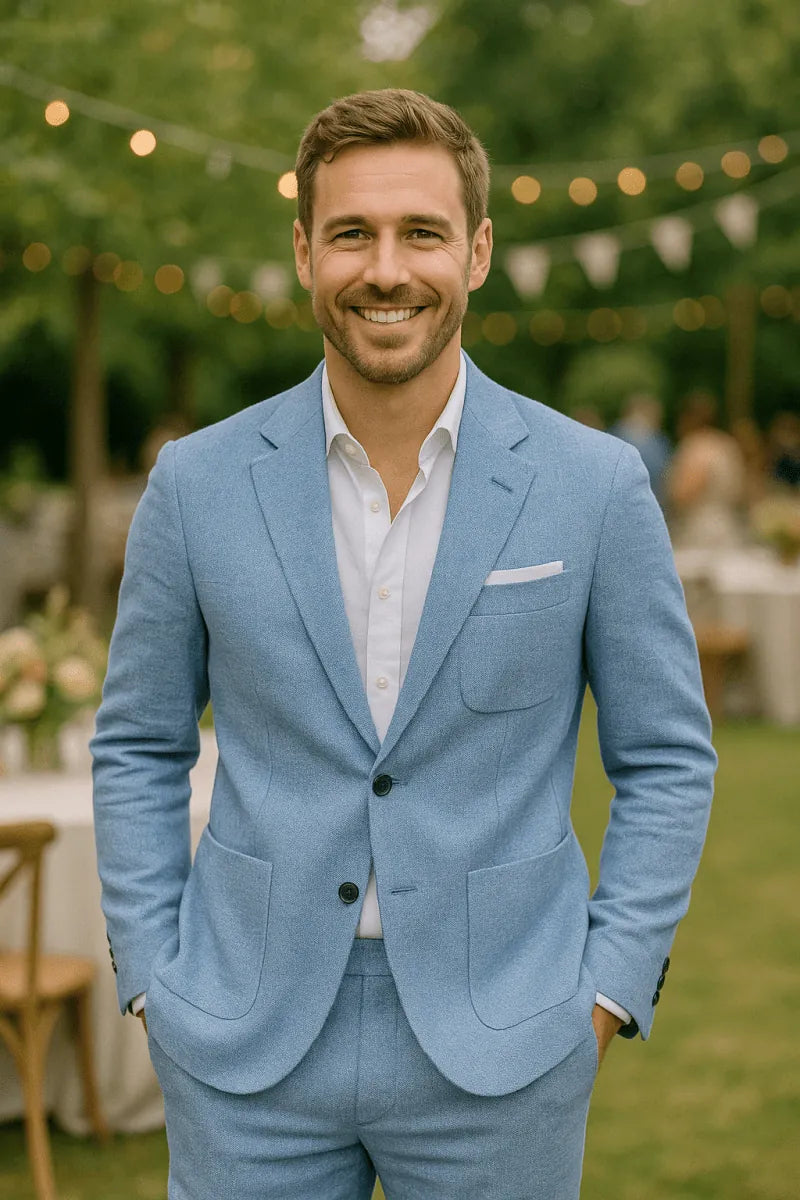 Light Blue Elegant Men's Two Piece Set Linen Suit - Front Full