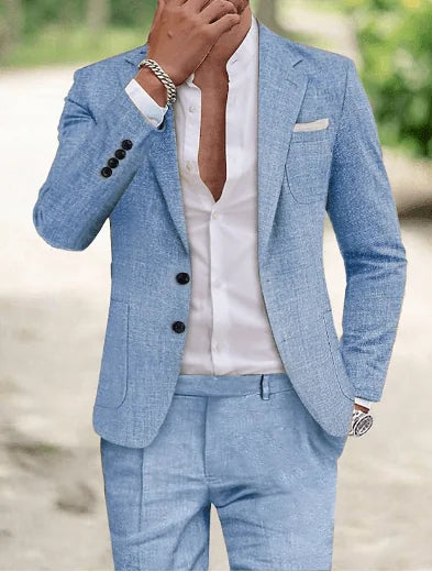 Light Blue Elegant Men's Two Piece Set Linen Suit - Wrist Close Up