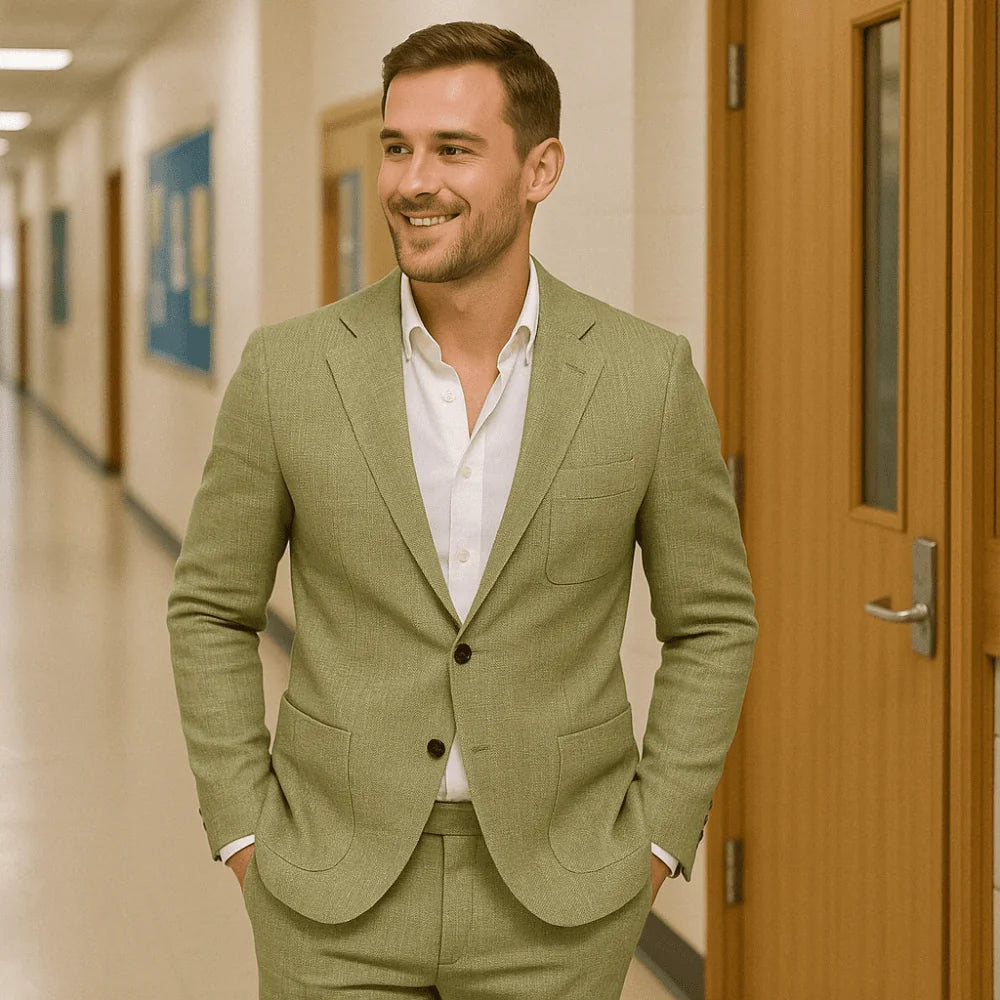 Military Green Elegant Men's Two Piece Set Linen Suit - Hallway Pose