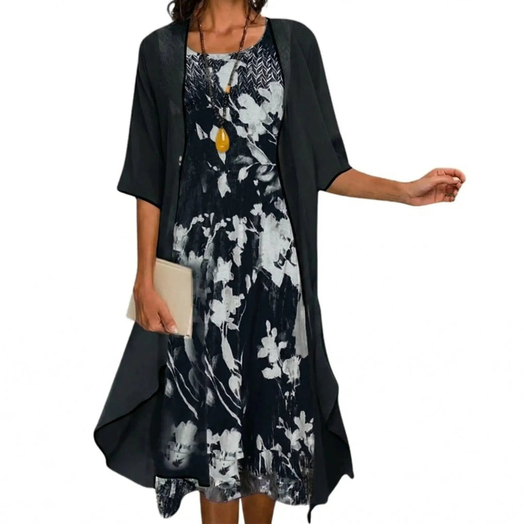 Black Women's Floral Long Dress with Open Cardigan - Side Pose