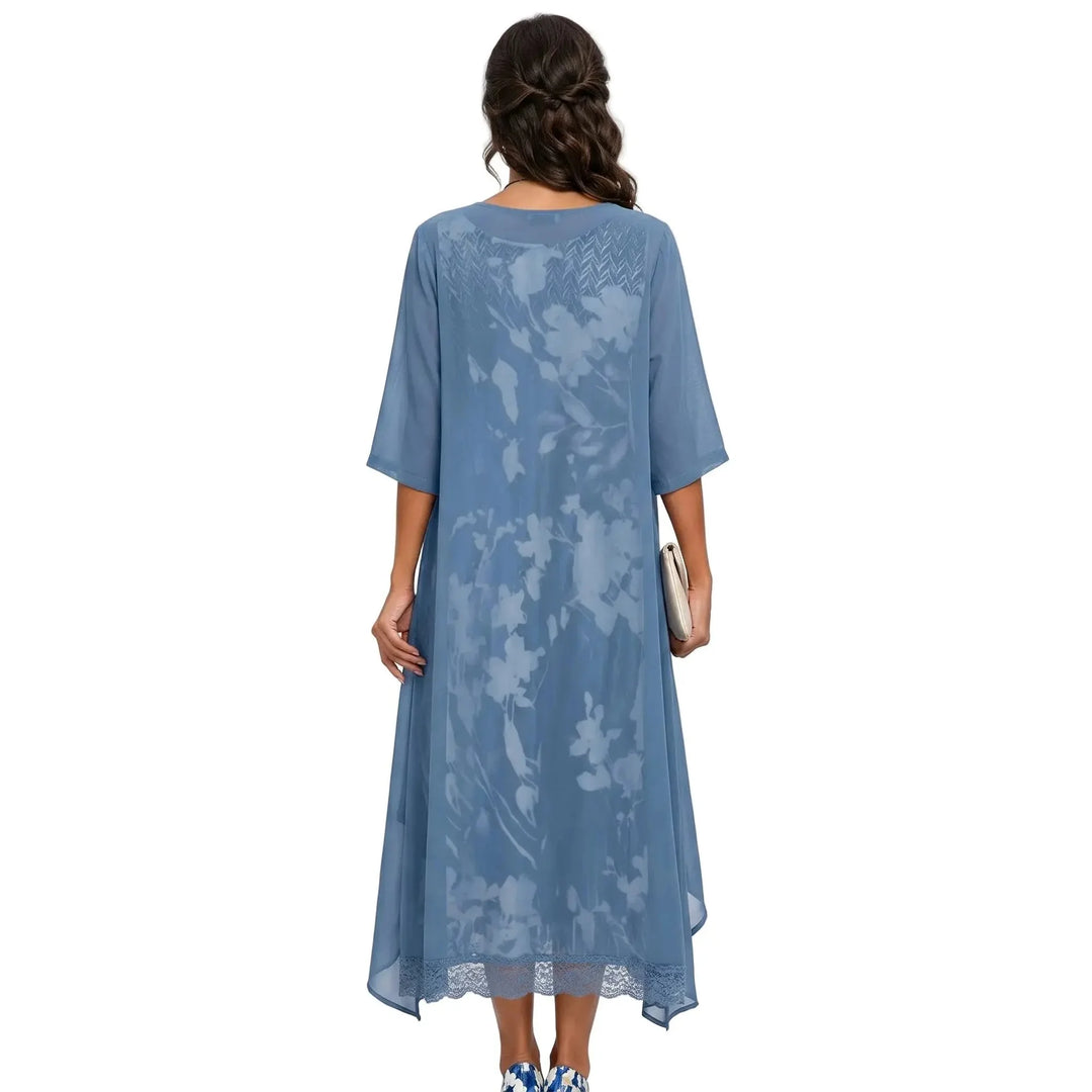 Blue Women's Floral Long Dress with Open Cardigan - Back Detail