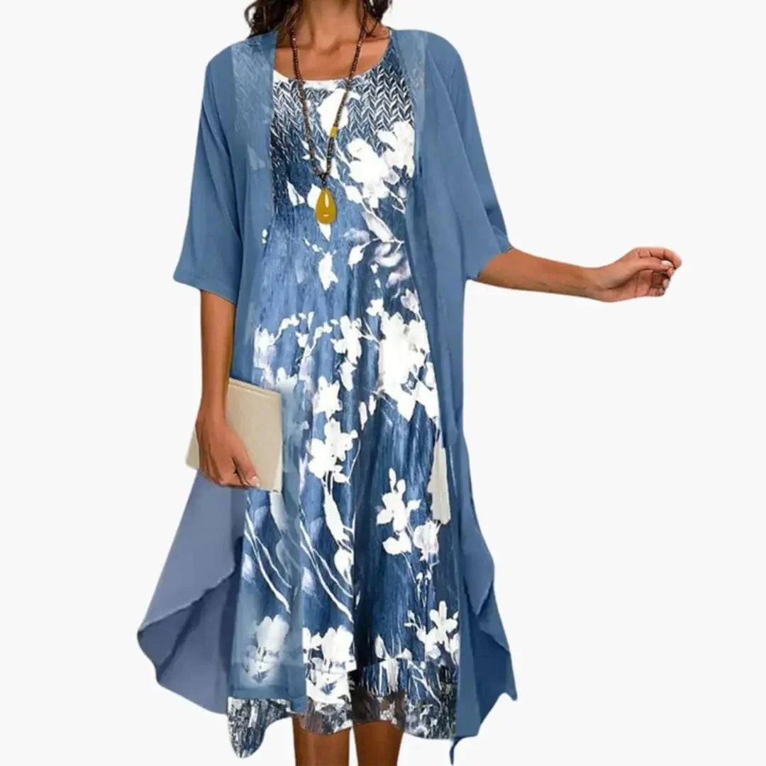Blue Women's Floral Long Dress with Open Cardigan - Front Full
