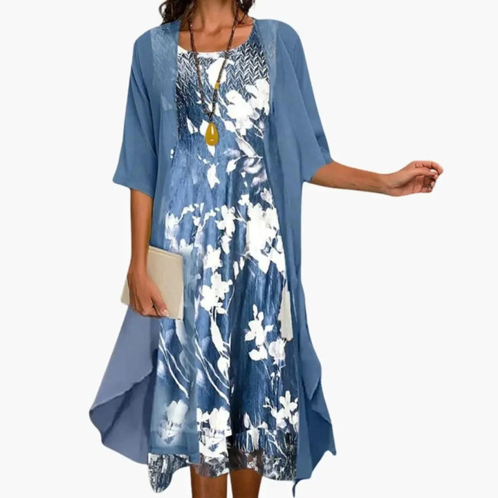 Blue Women's Floral Long Dress with Open Cardigan - Front Full