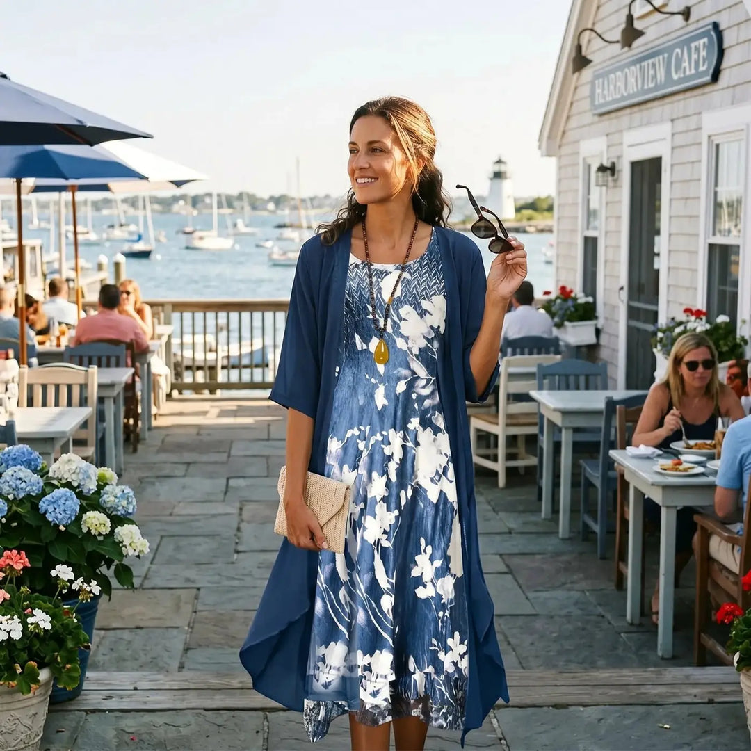 Blue Women's Floral Long Dress with Open Cardigan - Worn Lifestyle