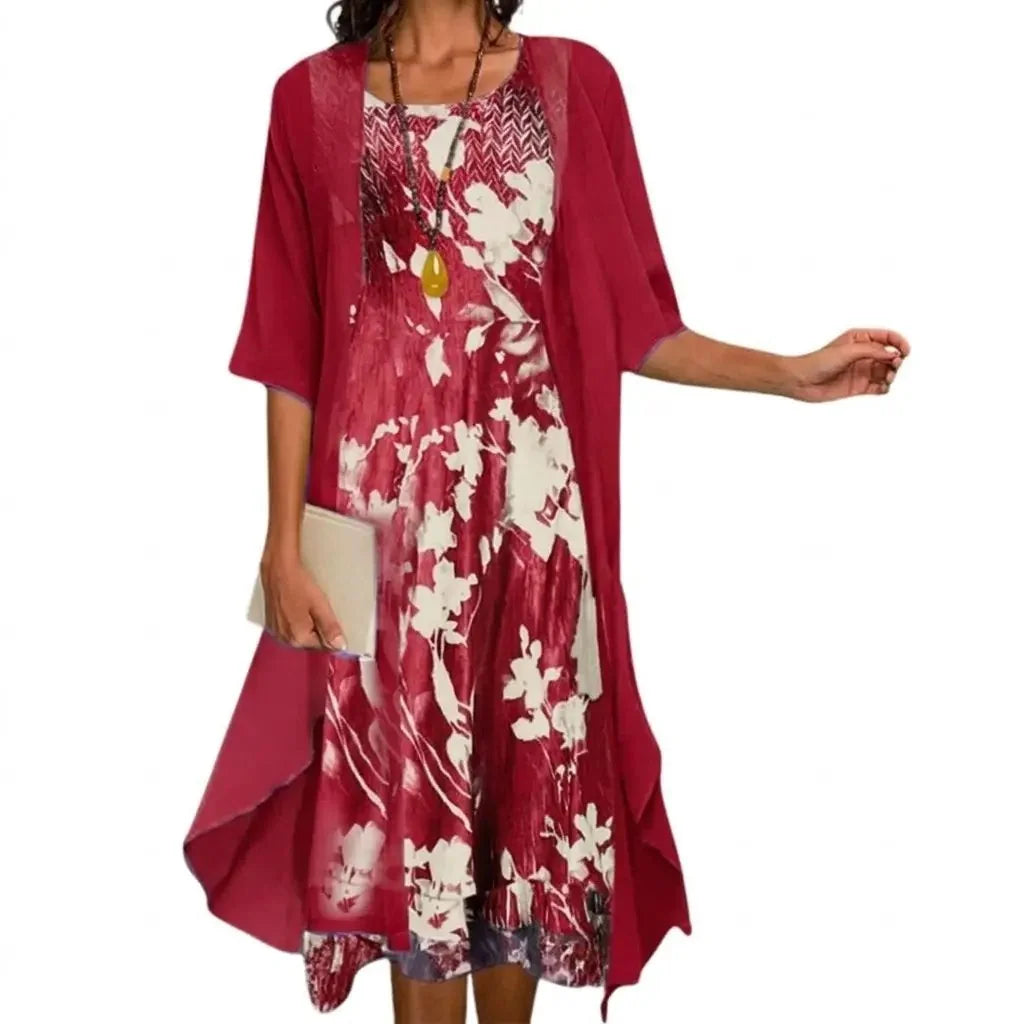 Burgundy Women's Floral Long Dress with Open Cardigan - Model Standing