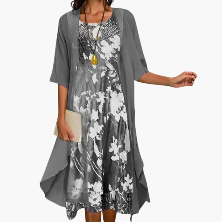 Gray Women's Floral Long Dress with Open Cardigan - Studio White
