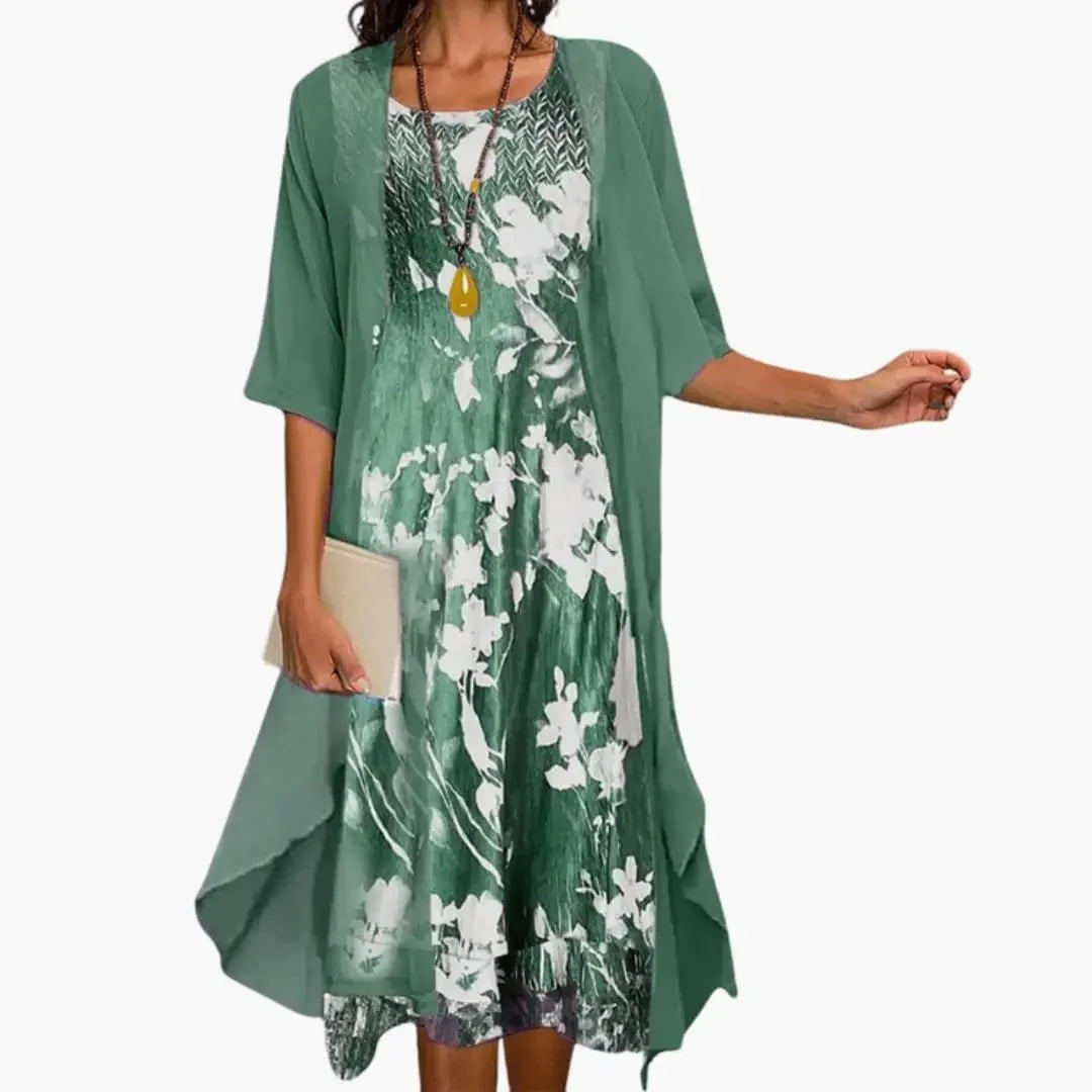 Green Women's Floral Long Dress with Open Cardigan - Front Pose