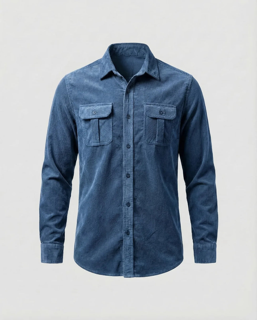 Blue Men's Corduroy Shirt Long Sleeve Two Pocket - Flat Lay