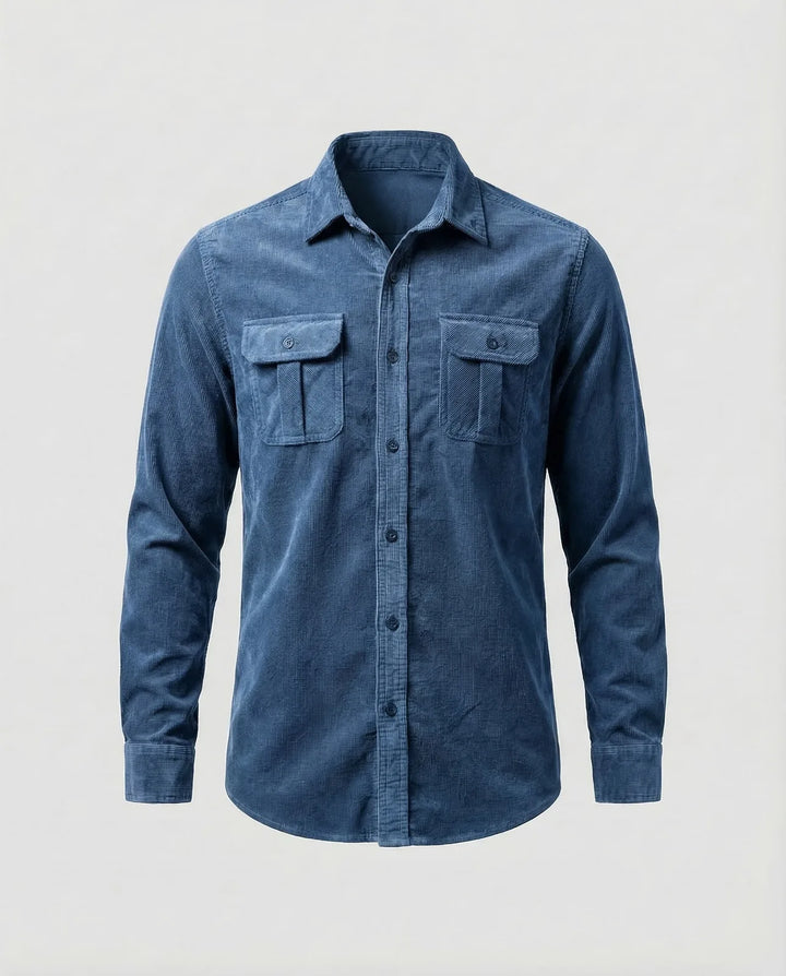 Blue Men's Corduroy Shirt Long Sleeve Two Pocket - Flat Lay