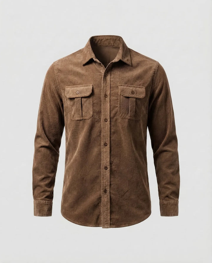 Brown Men's Corduroy Shirt Long Sleeve Two Pocket - Flat Lay