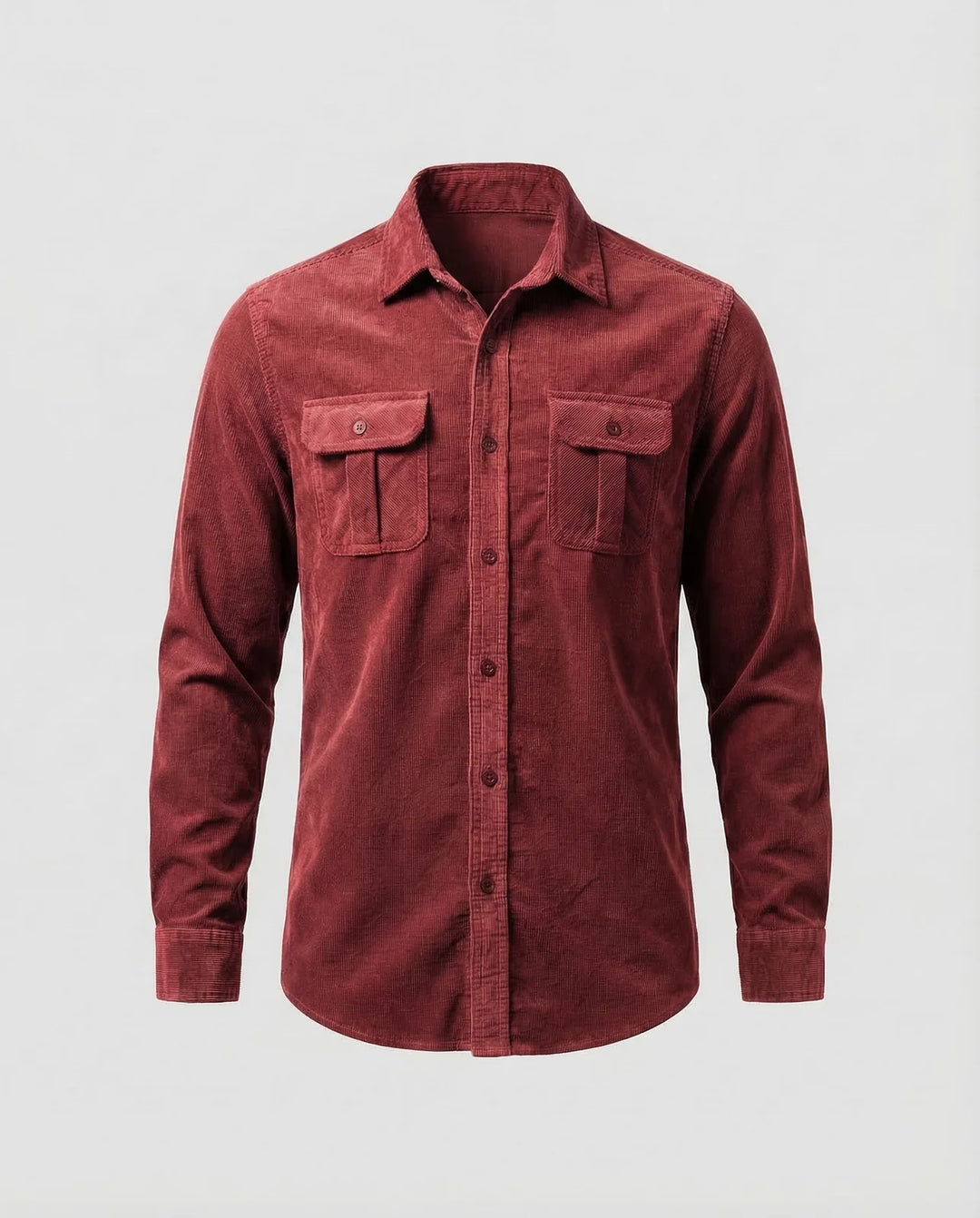 Burgundy Men's Corduroy Shirt Long Sleeve Two Pocket - Flat Lay Red