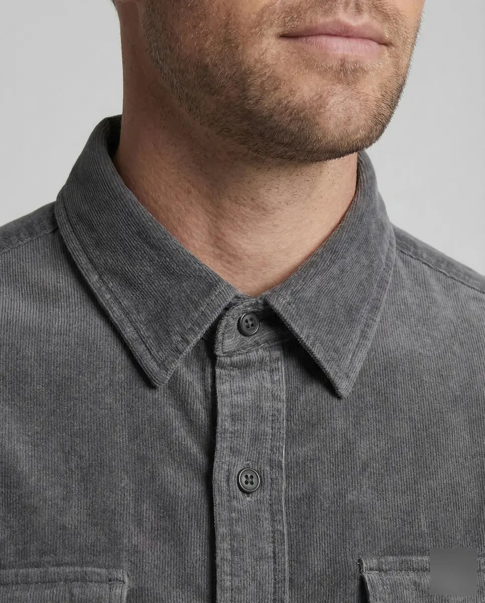 Gray Men's Corduroy Shirt Long Sleeve Two Pocket - Close Up Neckline