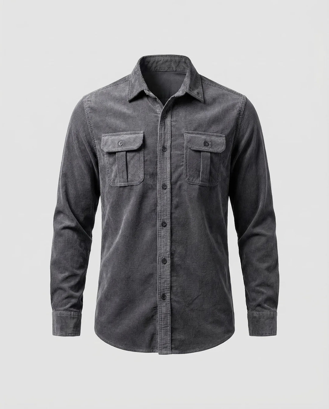 Gray Men's Corduroy Shirt Long Sleeve Two Pocket - Flat Lay