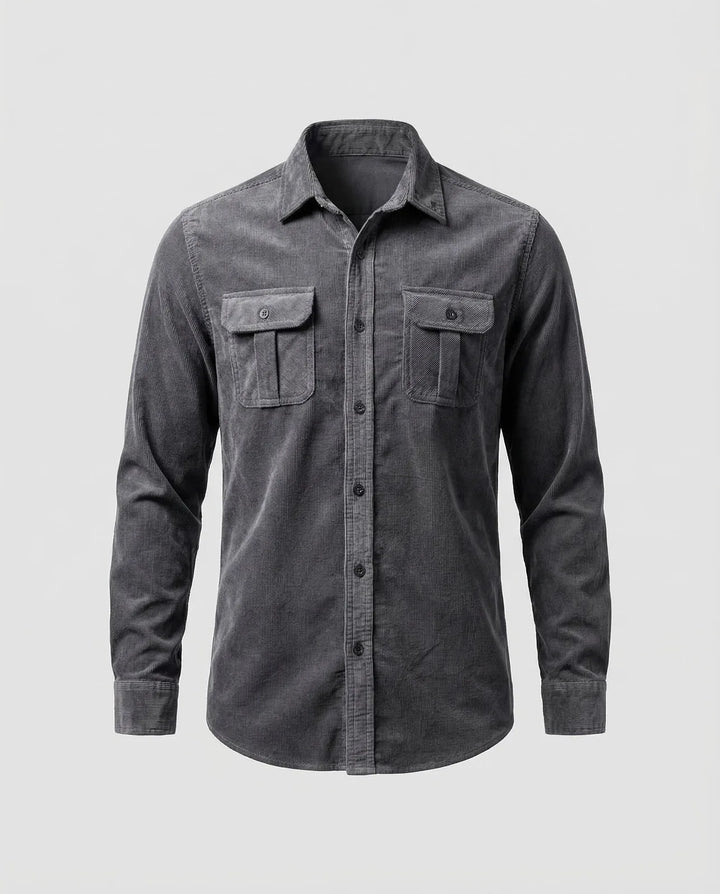 Gray Men's Corduroy Shirt Long Sleeve Two Pocket - Flat Lay