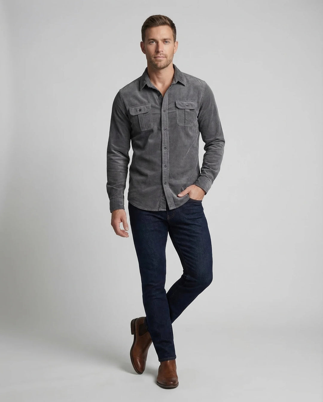 Gray Men's Corduroy Shirt Long Sleeve Two Pocket - Front Full