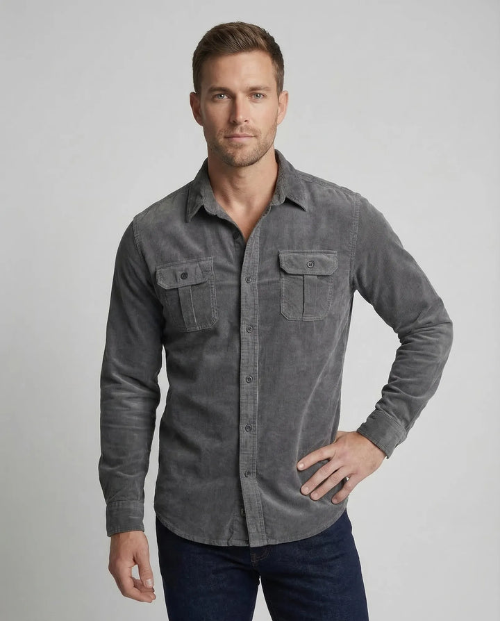 Gray Men's Corduroy Shirt Long Sleeve Two Pocket - Front Pose
