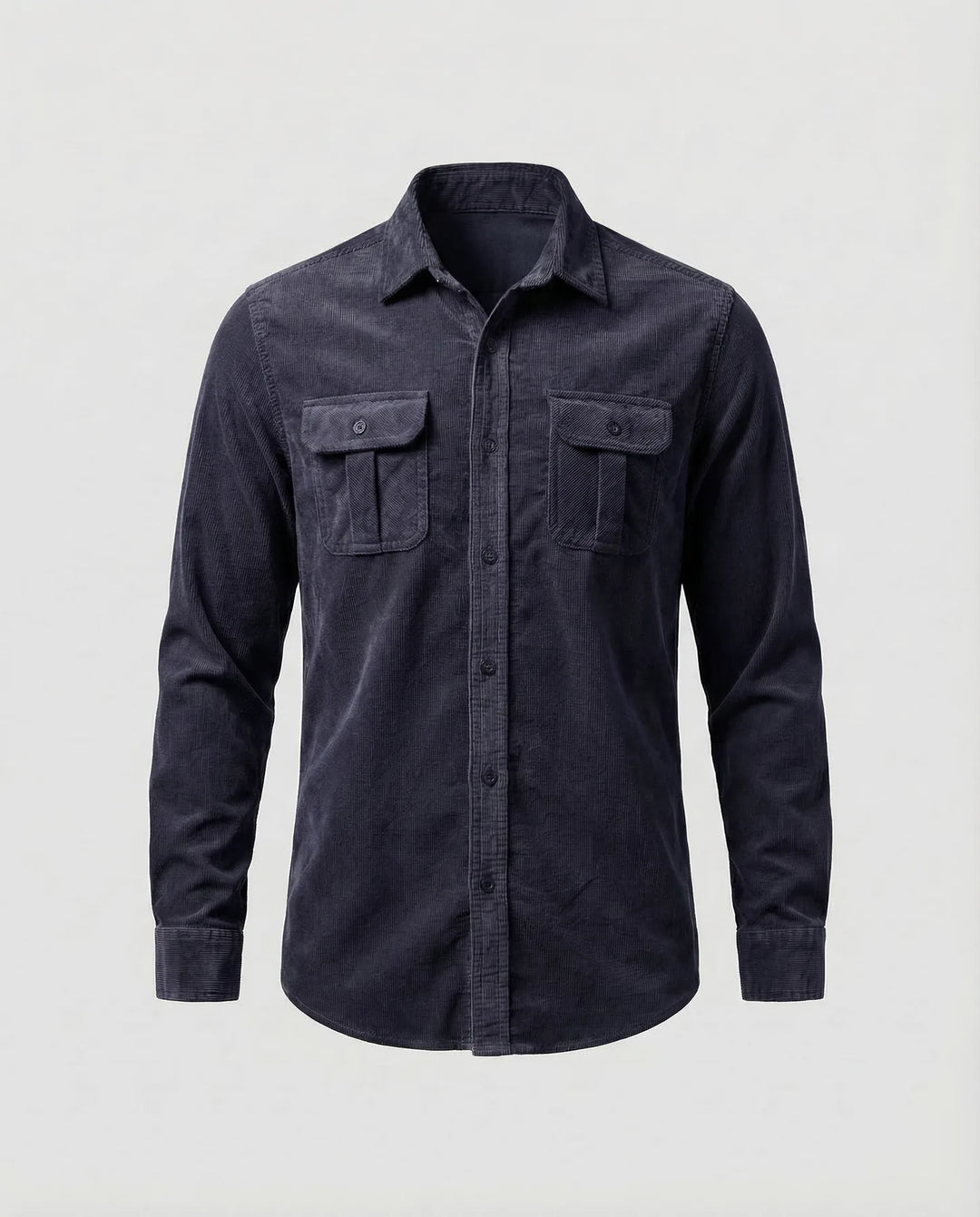 Navy Blue Men's Corduroy Shirt Long Sleeve Two Pocket - Flat Lay
