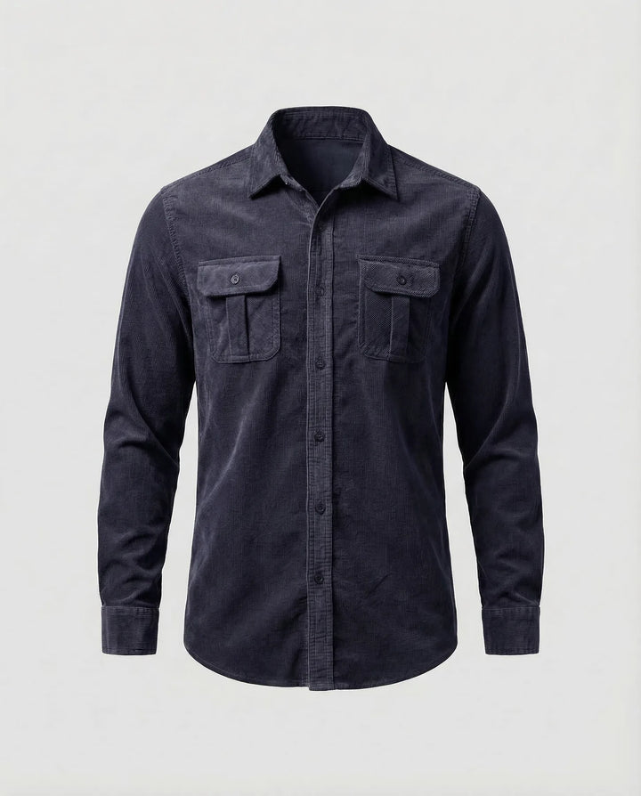 Navy Blue Men's Corduroy Shirt Long Sleeve Two Pocket - Flat Lay