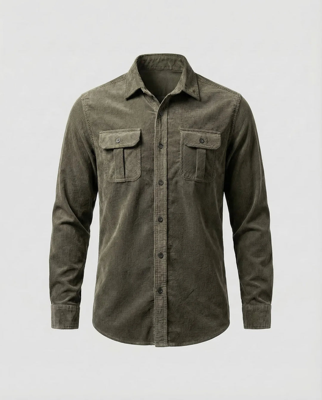 Olive Men's Corduroy Shirt Long Sleeve Two Pocket - Flat Lay