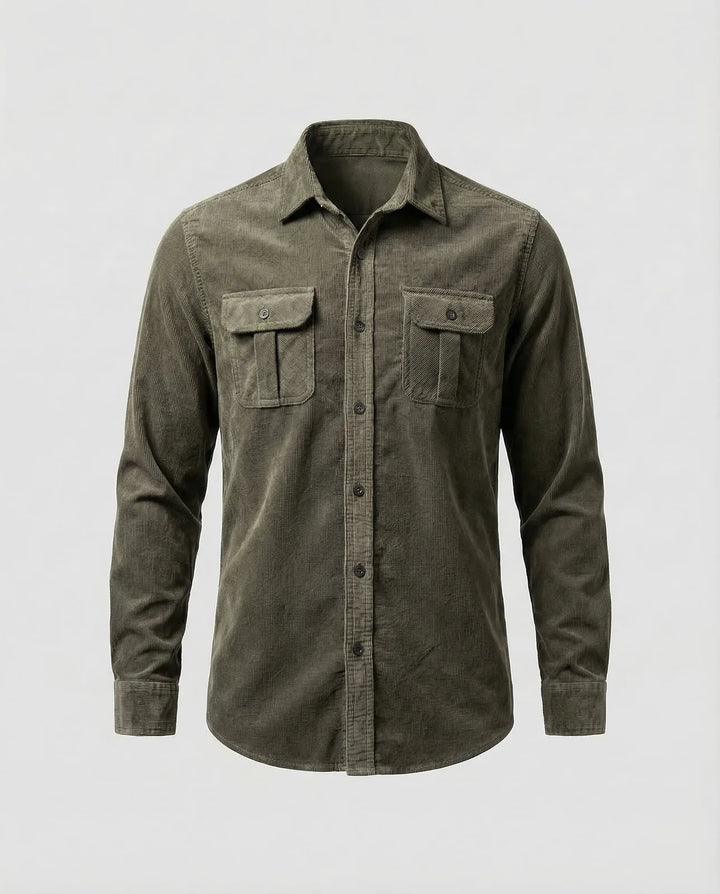 Olive Men's Corduroy Shirt Long Sleeve Two Pocket - Flat Lay