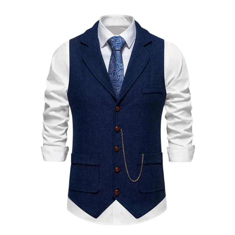 Blue Men's Herringbone Waistcoat — Everett Lapel Button-Front Classic - Front Posed