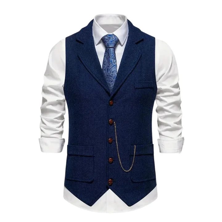 Blue Men's Herringbone Waistcoat — Everett Lapel Button-Front Classic - Front Posed