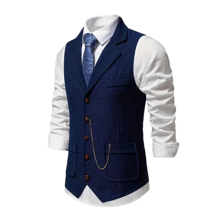 Blue Men's Herringbone Waistcoat — Everett Lapel Button-Front Classic - Side Pose