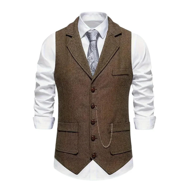 Coffee Men's Herringbone Waistcoat — Everett Lapel Button-Front Classic - Front Full