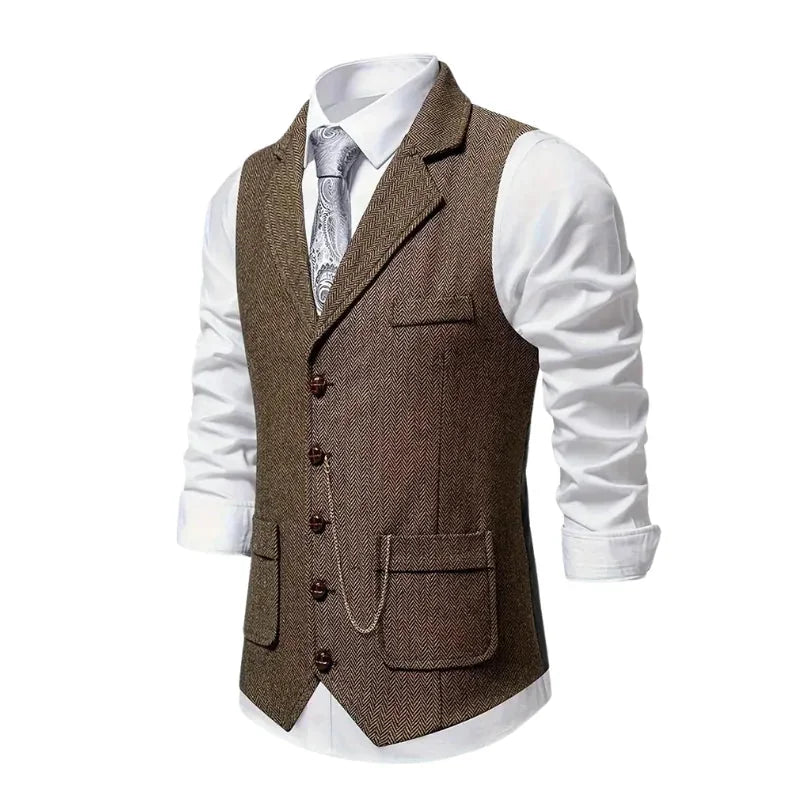 Coffee Men's Herringbone Waistcoat — Everett Lapel Button-Front Classic - Side Angle