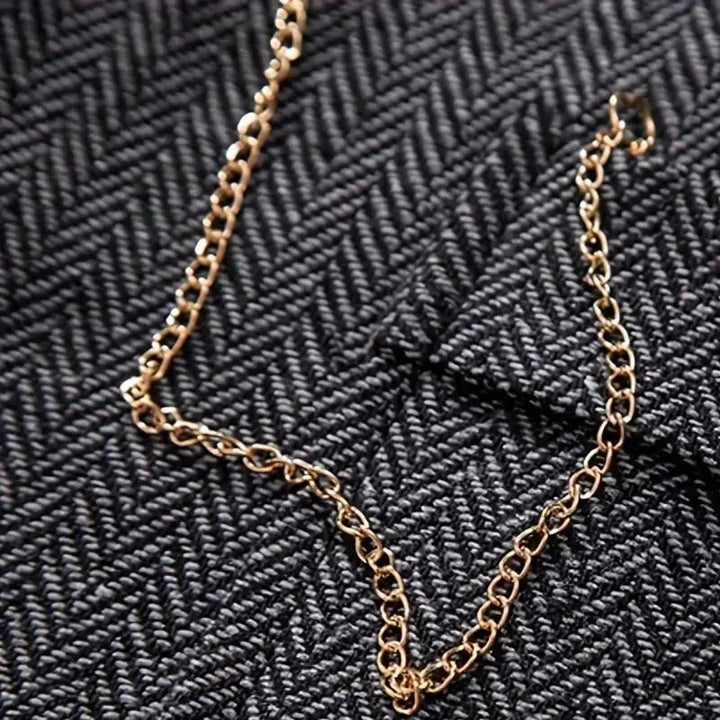 Dark Grey Men's Herringbone Waistcoat — Everett Lapel Button-Front Classic - Chain Detail