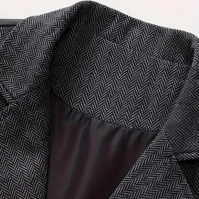 Dark Grey Men's Herringbone Waistcoat — Everett Lapel Button-Front Classic - Fabric Texture