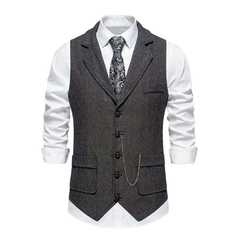 Dark Grey Men's Herringbone Waistcoat — Everett Lapel Button-Front Classic - Front Detail