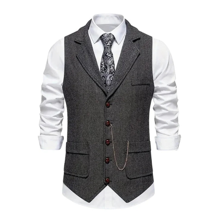 Dark Grey Men's Herringbone Waistcoat — Everett Lapel Button-Front Classic - Front Detail