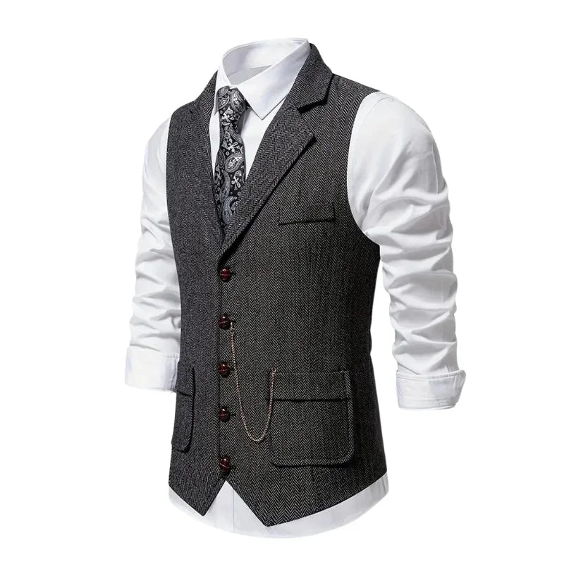 Dark Grey Men's Herringbone Waistcoat — Everett Lapel Button-Front Classic - Side Detail