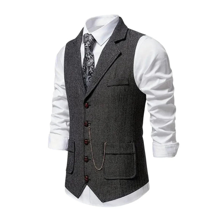 Dark Grey Men's Herringbone Waistcoat — Everett Lapel Button-Front Classic - Side Detail