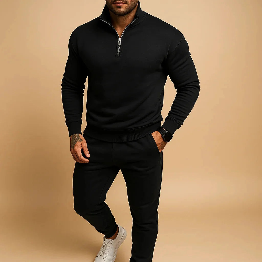 Black Men's Athletic Tracksuit Set — Blake Zip-Up Drawstring Fleece - Studio Pose
