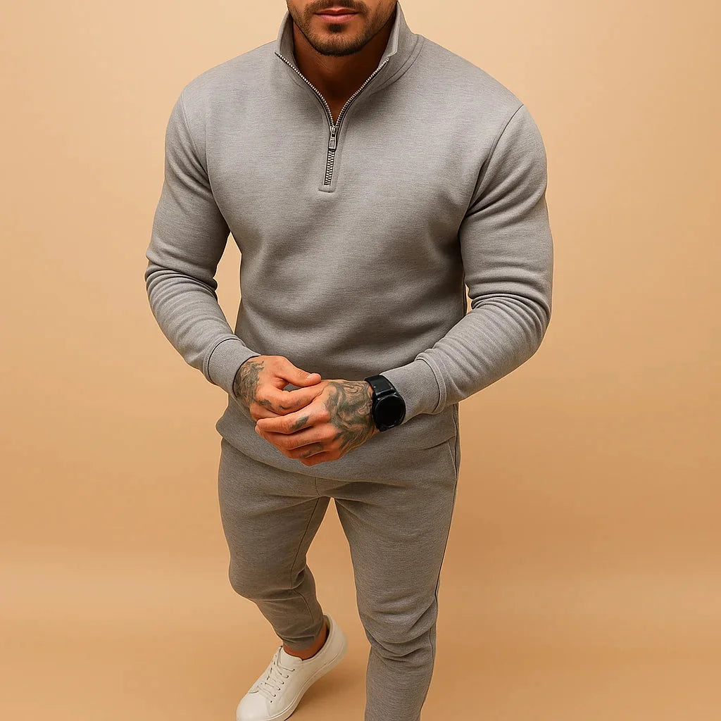 Gray Men's Athletic Tracksuit Set — Blake Zip-Up Drawstring Fleece - Front Pose