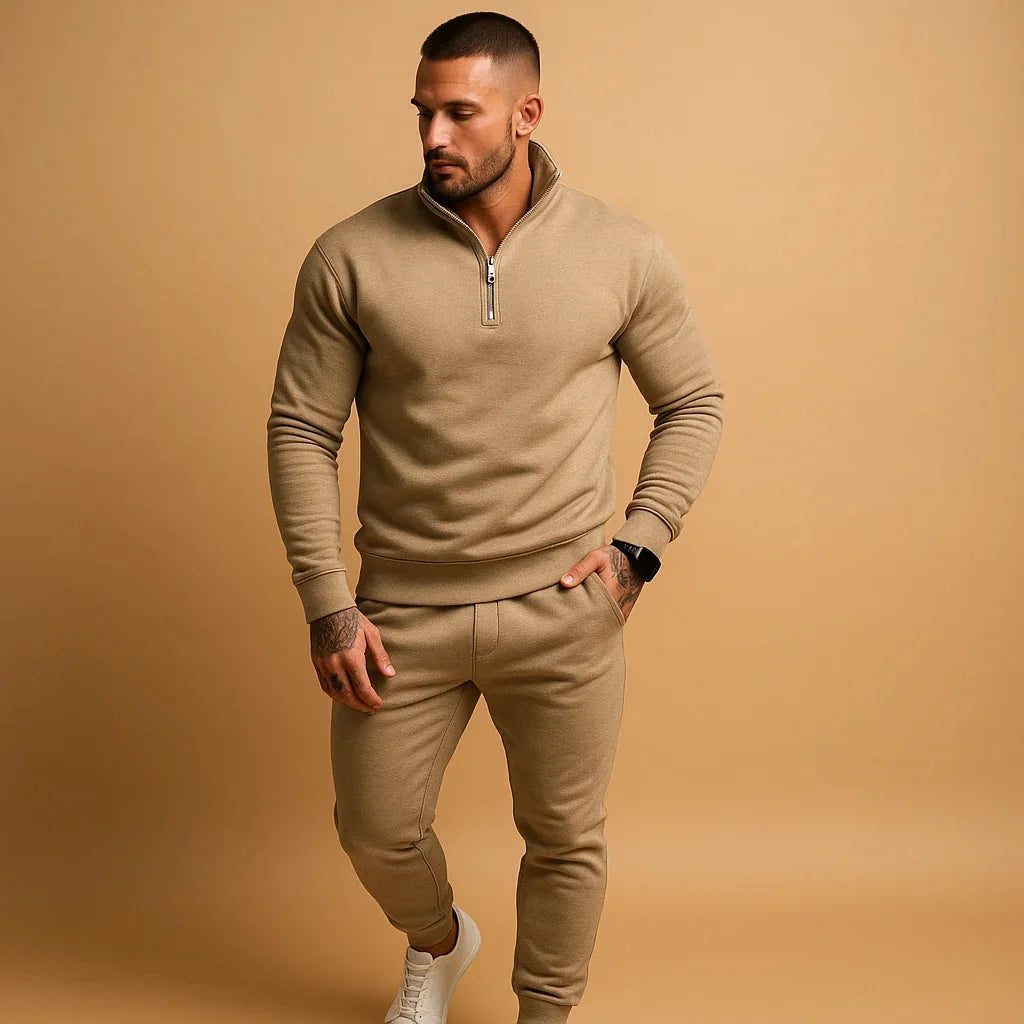 Khaki Men's Athletic Tracksuit Set — Blake Zip-Up Drawstring Fleece - Front Full