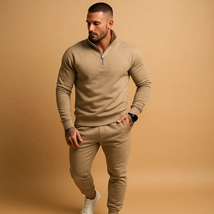 Khaki Men's Athletic Tracksuit Set — Blake Zip-Up Drawstring Fleece - Front Full